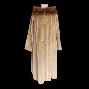 1960's Vintage Full Length Faux Fur Coat With Mink Collar By Modelia Size Large